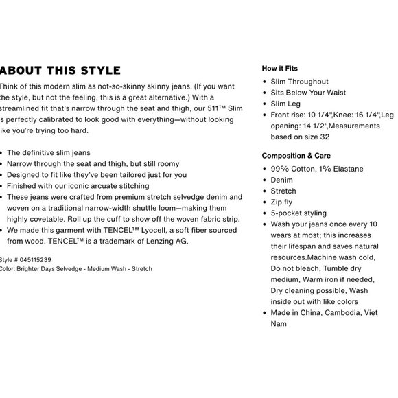 LEVI'S Premium 511 Slim Fit Selvedge Men's Jeans NWT - Picture 11 of 11